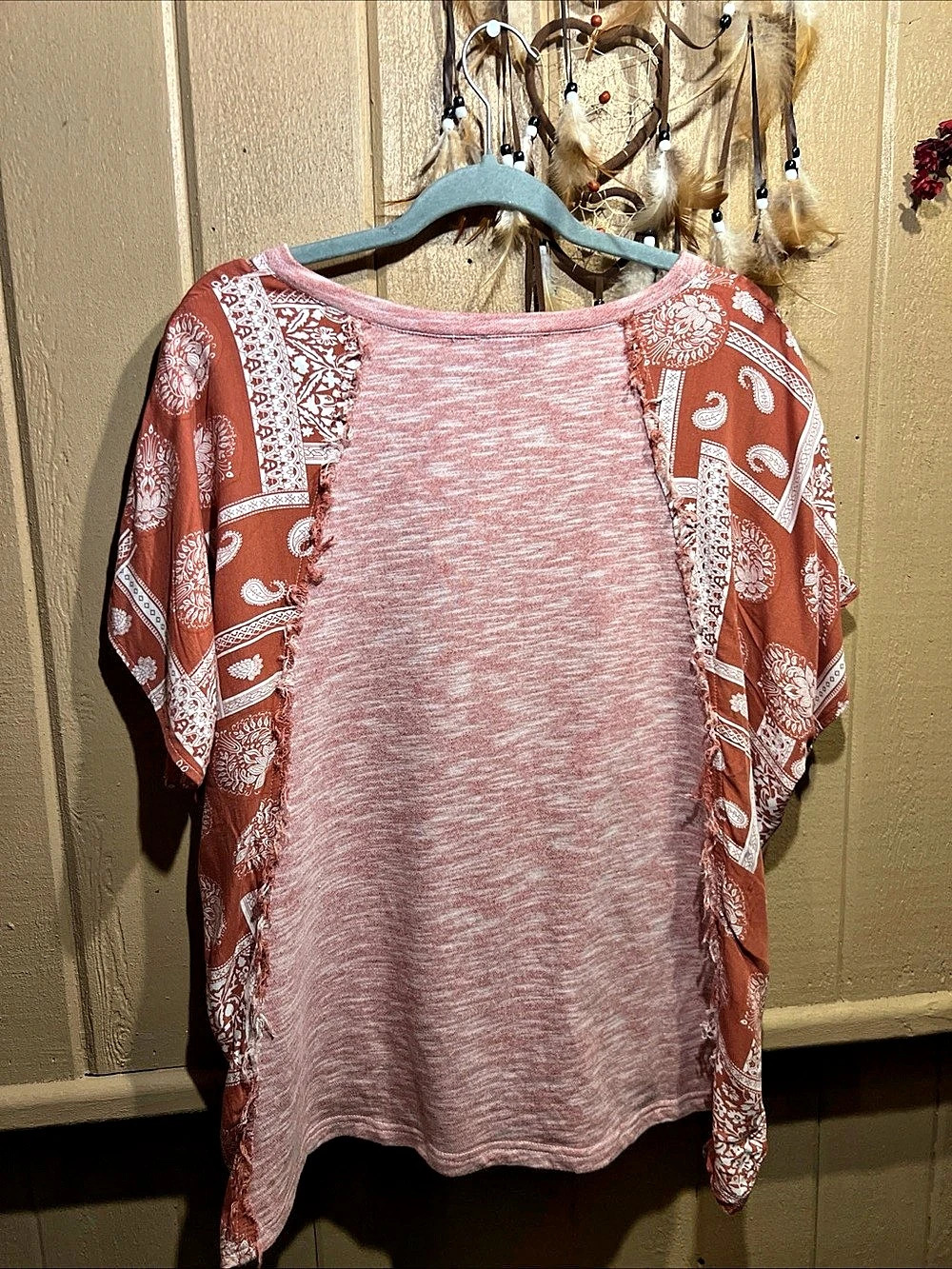 GIGIO Women's Medium Plaid Floral Mixed Media Raw Hem Top Cottagecore Boho